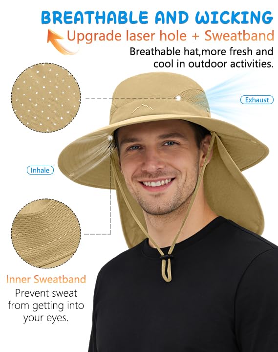 UPF 50+ Wide Brim Sun Hat with Neck Flap (Dark Grey+khaki)
