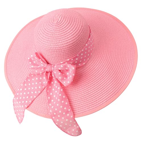 Wide Brim Sun Hat for Women Floppy Straw Hat Summer Beach Hats Fashionable Trendy Hats Sun Protection UPF 50+ (1 Pc: Pink With White Polka Dots)
