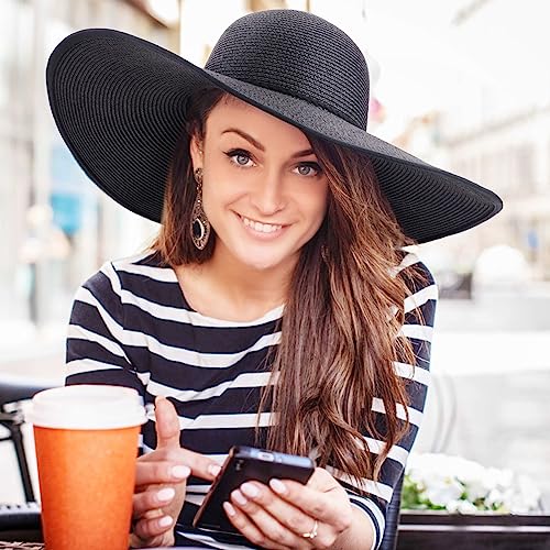 Womens Sun Straw Hat Wide Brim Summer Hat Big Floppy Foldable Beach Sun Hats UPF 50+ (A Black 5.9" Brim, 1 Pack)