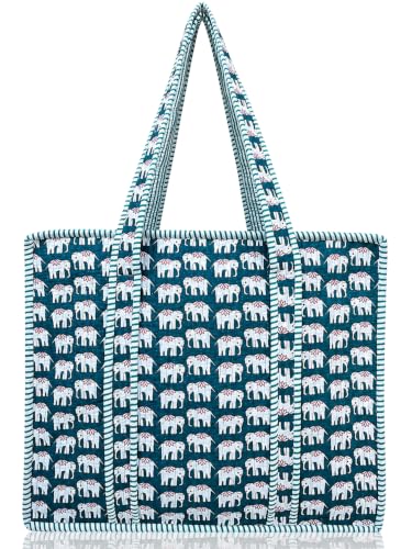 100% Cotton Quilted Tote Bag For Women (Orient Elephant)