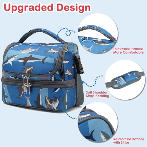 Kids Double Decker Cooler Insulated Lunch Bag Large Tote for Boys (Shark)