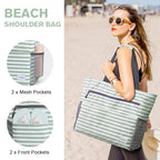 Beach Bag Waterproof Sandproof Large Capacity Foldable for Women (Green Stripe / 35L)