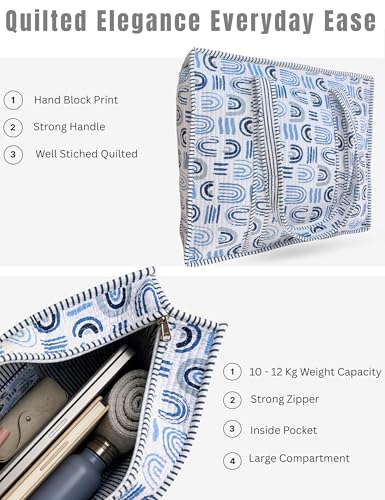 100% Cotton Quilted Tote Bag For Women (White Air Blue Print)