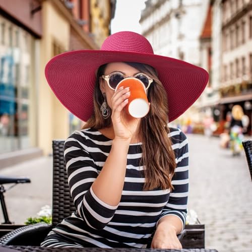 Sun Hats for Women Wide Brim Summer Hat Large Floppy Sun Straw Hat Foldable Packable Beach Hats UPF 50+ (Medium Size: Rose Red / Brim 5.5" (Head Circumference 22-22.8"))