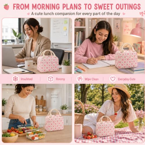 Lunch Bag for Women Cute Corduroy Lunch Tote Bags with Shoulder Strap Reusable Insulated Lunch Box Large Capacity Reusable Insulated Cooler for Work Picnic or Travel (Strawberry Bow 246 / 10L)