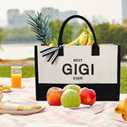 Embroidery Canvas Tote Bag for Women (Black & White / Best Gigi Ever)