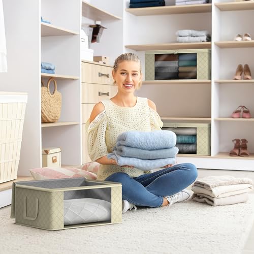 Blanket Storage Bags with Clear Window (3 Pack Large / Beige)