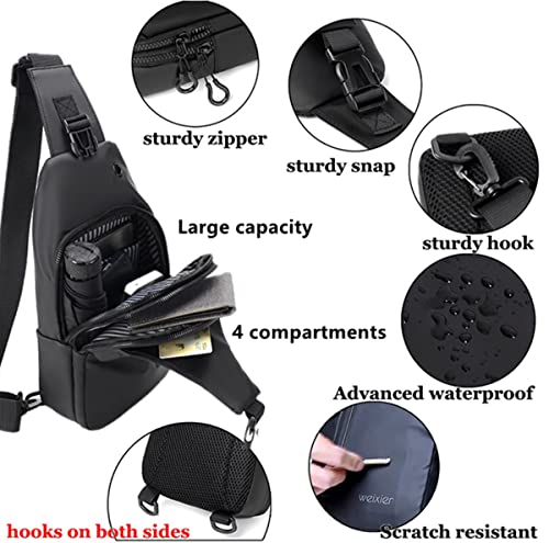 Waterproof Sling Bags Mens Shoulder Crossbody Backpack with USB Charging Port& Headphone (A-black)