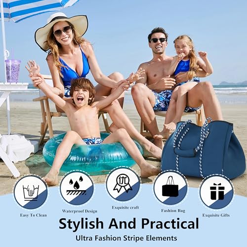 Neoprene Multipurpose Beach Bag Tote with Inner Zipper Pocket (Blue / Large)