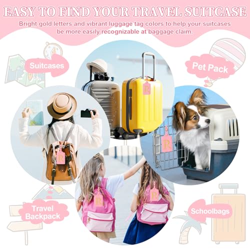 Personalized Initial Luggage Tags for Suitcase (Pink Leather,glod Letter / R)