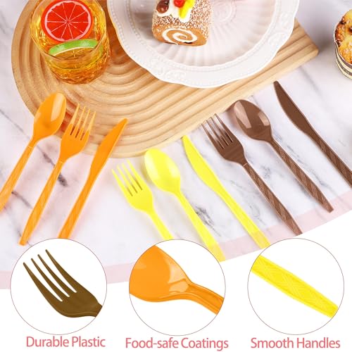 90 Pcs Fall Thanksgiving Plastic Cutlery Set (Orange, Yellow, Brown)