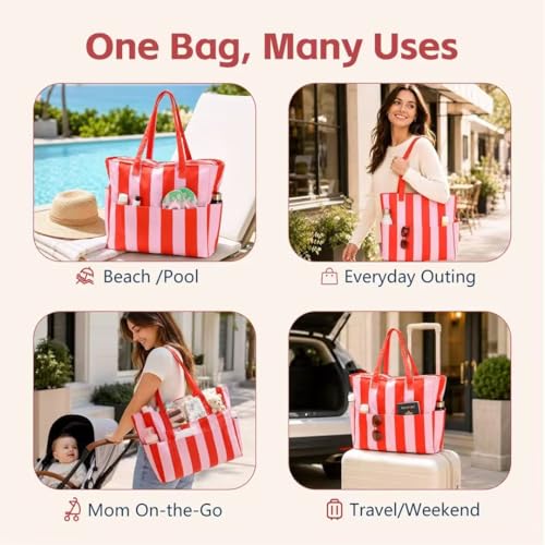 Beach Bag Waterproof Sandproof Women Beach Tote Pool Bag with Zipper for Gym Grocery Travel with Wet Pocket (Pink Orange)