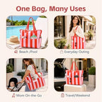 Beach Bag Waterproof Sandproof Women Beach Tote Pool Bag with Zipper for Gym Grocery Travel with Wet Pocket (Pink Orange)