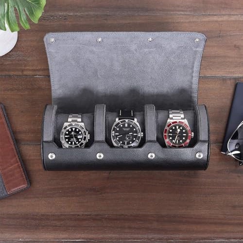 Watch Roll Travel Case for 3 Watches (Black/Grey (PU Leather))