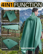 Hooded Rain Poncho Packable Waterproof Unisex Raincoat with Pocket (Small / Pea Green)
