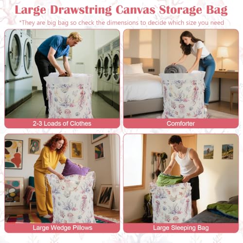 Canvas Laundry Bag with Handles & Drawstring 30"Wx35"H (Dreamy Jellyfish L+ / L+ 30"Wx 35"H┃1 Pack)
