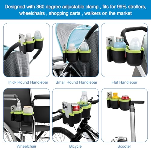 Stroller Cup Holder with Phone Holder (Double Holder-Green)