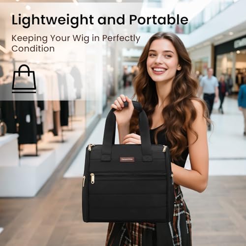 Wig Storage Bag Holds 3 Wigs Hair Tools Travel Bag Full (Black / 12.6*11.02*11.61inch)