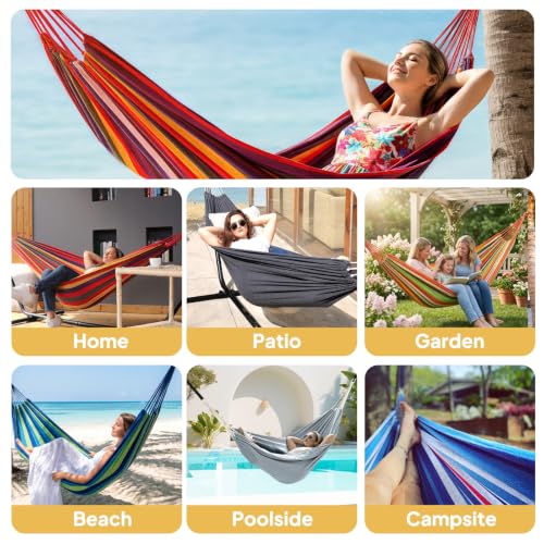 Cotton Camping Hammock Portable with Tree Straps Holds 660lbs (Rainbow)