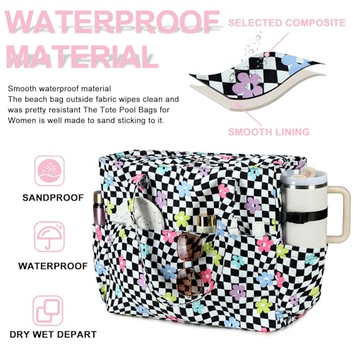 Large Beach Pool Bag for Women (Black White Checkered-colorful Flowers)