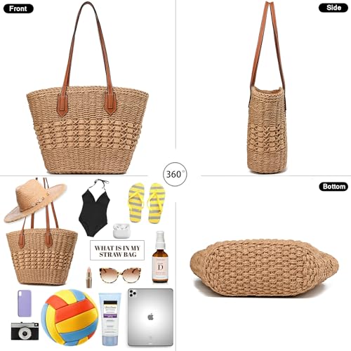 Straw Bag for Women Straw Woven Beach Tote Bag Casual Hobo Shoulder Bag Handbags Summer Handmade Beach Purse (F Khaki)