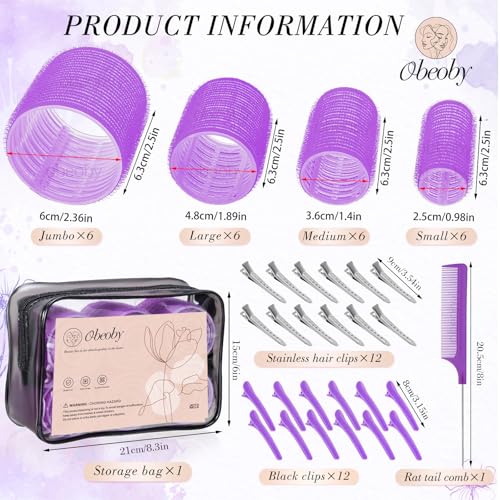 4 Sizes Hair Rollers Curlers Set with Clips for Women Girls (Purple)
