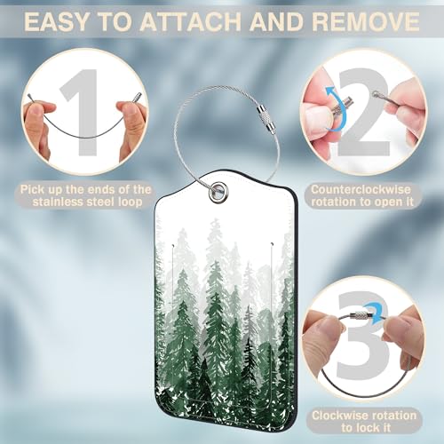 2 Pack Luggage Tags for Suitcases Watercolor Foggy Forest Leather Luggage Tags Privacy Cover ID Label with Stainless Steel Loop and Address Card for Women Men Travel Bag Backpack (Watercolor Foggy Forest)