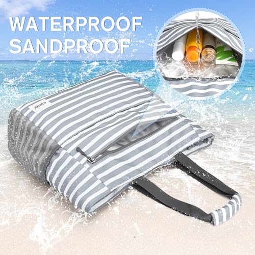Beach Bag Waterproof Sandproof Large Capacity Foldable for Women (Grey Stripe / 80L)