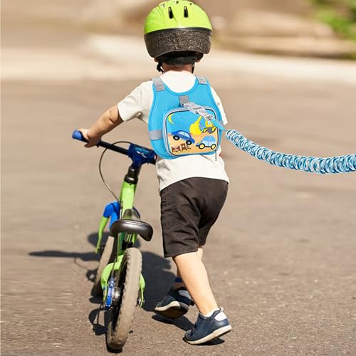 Toddler Harness Leash + Reflective Anti Lost Wrist Link (Sky Blue/Car & Excavator)