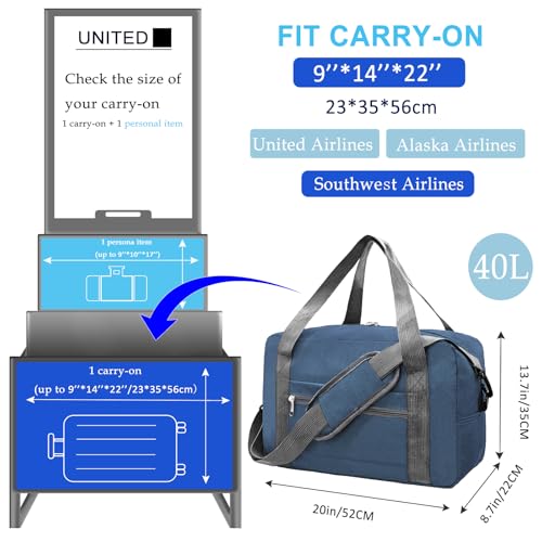 Foldable Carry on Luggage Bag 22x14x9 Personal Item Bag for Airplanes Travel Duffel Bag for Women and Men (Navy / 40L)