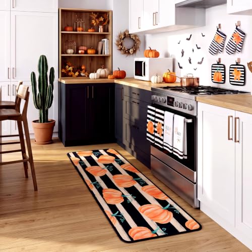 10 Pcs Fall Pumpkin Kitchen Decor Set Kitchen Towels Pot Holders Oven Mitts and Rugs Set Thanksgiving Towels for Baking Cooking BBQ Autumn Home (Black, White, Orange / Stripe Pumpkins)