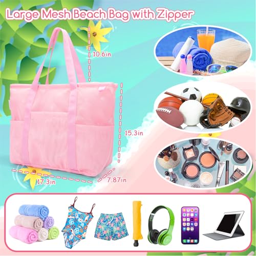 Mesh Beach Bag with Zipper (Pink)
