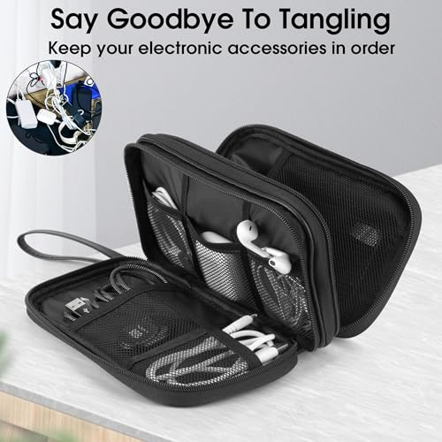 PU Leather Cable Organizer Double Layer Travel Pouch (Black / M)