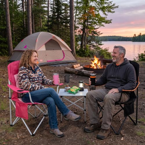 Oversized Padded Camping Chair 2 Pack 350 LBS Capacity Heavy Duty Quad Chair with Lumbar (Balck Pink / Twin Pack)