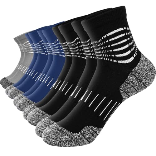 Ankle Compression Socks for Men Athletic Running Socks with Cushioned Support 5 Pairs (Large / Zoned Cushion-black+dark Blue+grey(5 Pairs))