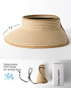 Womens Sun Hat with Ponytail Hole Wide Brim Beach Straw Visor (Medium / 04-khaki Beige Stripes)