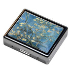 Silver Vintage Pill Box 7 Day Metal Pill Box with Mirror and 8 Compartments Cute Travel Pill Organizer for Purse (Art Almond Blossoms)