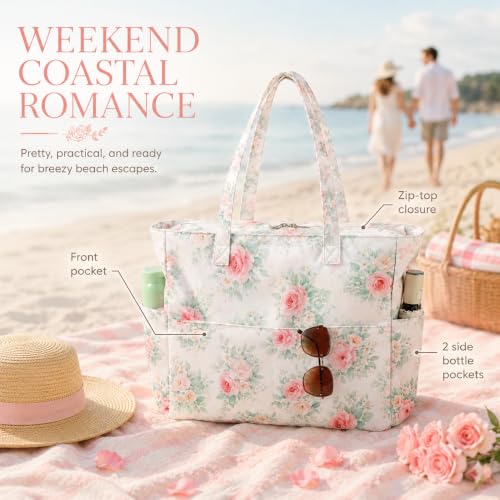 Beach Bags for Women (Pink Peony Floral Beige)