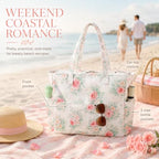 Beach Bags for Women (Pink Peony Floral Beige)