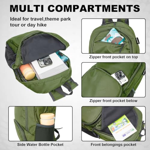 20L lightweight packable Hiking Daypack Foldable Backpack for Men Women Small Travel Outdoor Foldable Shoulder Bag (Army Green)