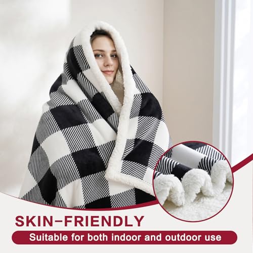 Sherpa Fleece Throw Blanket 80" x 90" Reversible Plush Fluffy Large Big Blanket Lattice Flannel Blankets for All Season Use (Black and White / 80"*90")