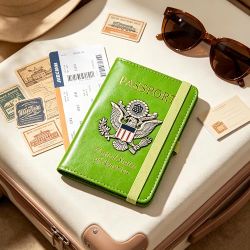 Premium Passport Holder for Travel RFID Blocking Passport Cover Slim (Green / Classic Metal Stamp)