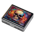 Silver Vintage Pill Box 7 Day Metal Pill Box with Mirror and 8 Compartments Cute Travel Pill Organizer for Purse (Stained Glass Colorful Skull)
