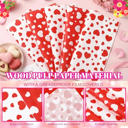 100 Pcs Valentine's Day Wax Paper Sheets for Food Wrapping (Red, White / Valentine's Stylish)