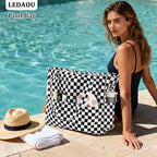 Large Beach Bag for Women (Black White Grid)