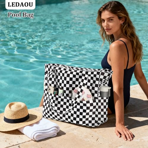 Large Beach Bag for Women (Black White Grid)
