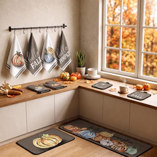 10 Pcs Fall Pumpkin Kitchen Decor Set Kitchen Towels Pot Holders Oven Mitts and Rugs Set Thanksgiving Towels for Baking Cooking BBQ Autumn Home (Light Brown / Minimalist Style Pumpkin)