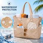 Waterproof Beach Tote Bag for Women Girls with Zipper Foldable Sandproof Pool Swim Bag Travel Carry On Gym (Khaki White Dotted)