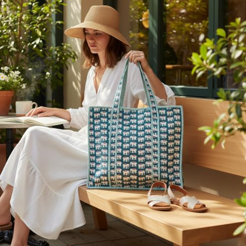 100% Cotton Quilted Tote Bag For Women (Orient Elephant)
