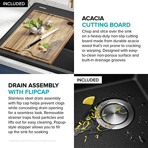 Bellucci 25 inch Granite Workstation Drop In Top Mount Single Bowl Kitchen Sink in Metallic Black with Accessories (25 Inch / Black)